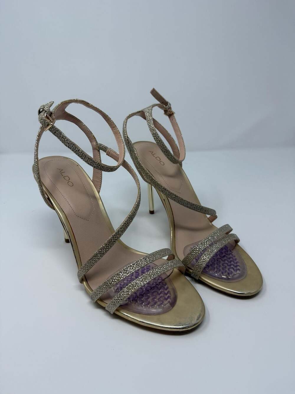 Aldo Elelawiel Gold Glitter Ankle Strap Stiletto Heeled Sandals wedding prom for
